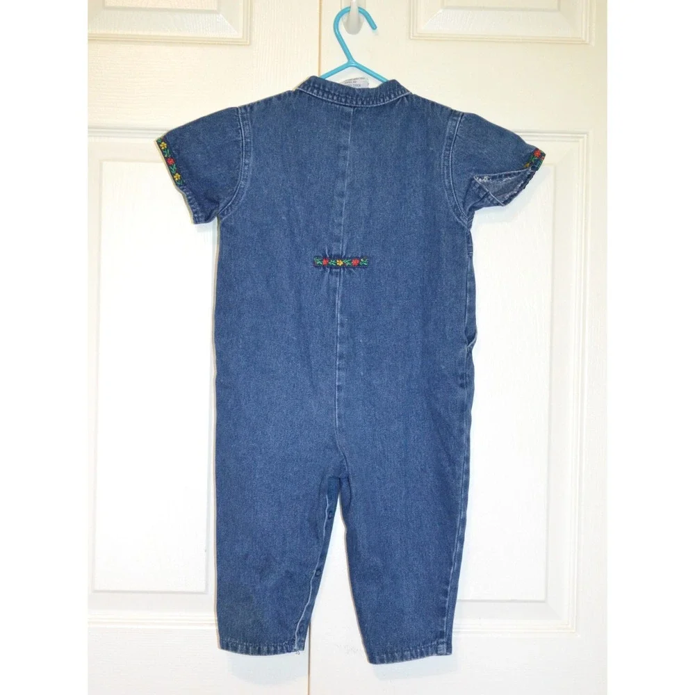 Vintage Pattiwack Blue Jean Denim Coverall Snap Legs Girls‎ Size 18M Flower Trim